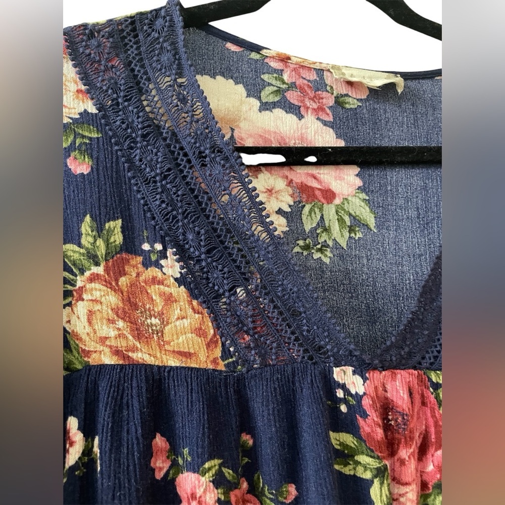 Altar’d State Flowy Navy Blue Floral Lace Long Sleeve Blouse Medium - Picture 3 of 4